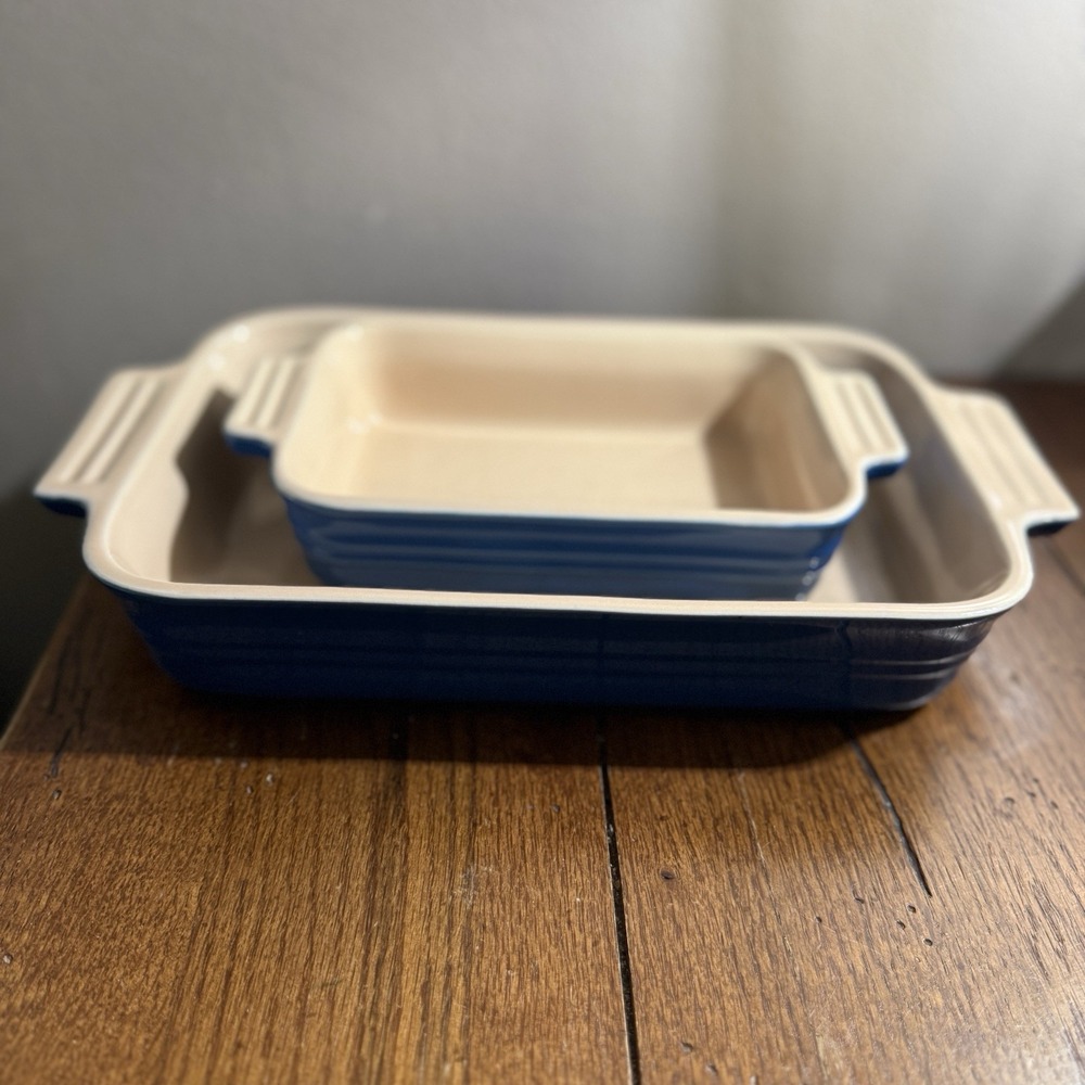 2- LE Creuset Small 5×7 & Medium 10x7 Blue Casserole Stoneware Baking Dishes